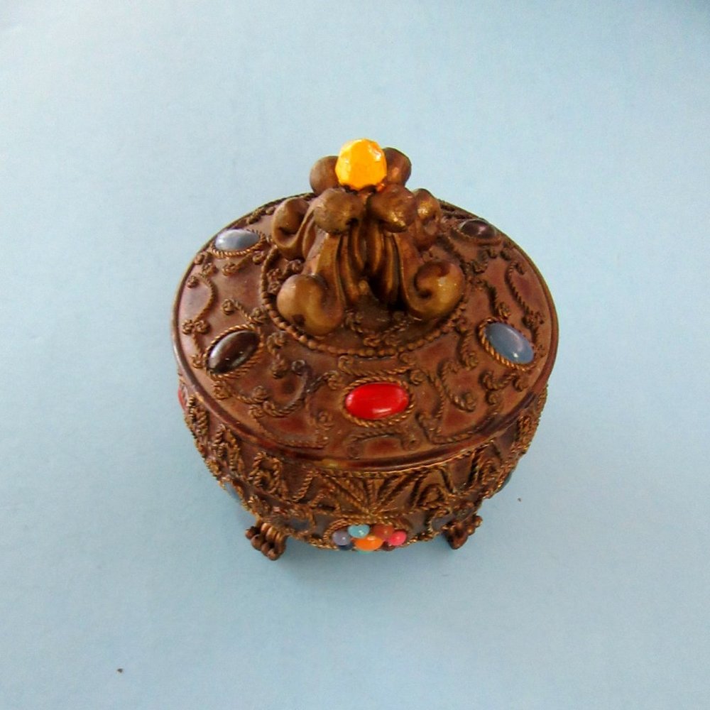 Bronze tone painted & beaded wood jewelry, trinket or keepsake box - Vintage